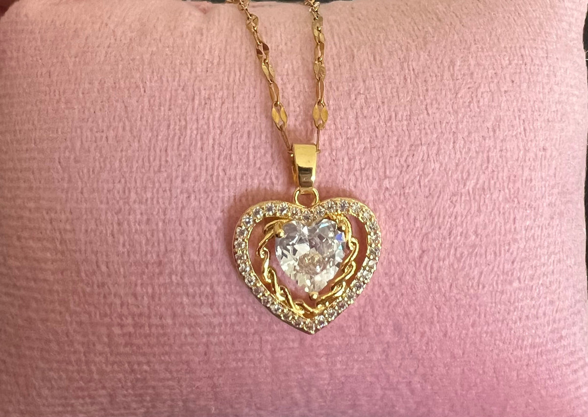 Gold Double Heart Crystal Pendant Necklace