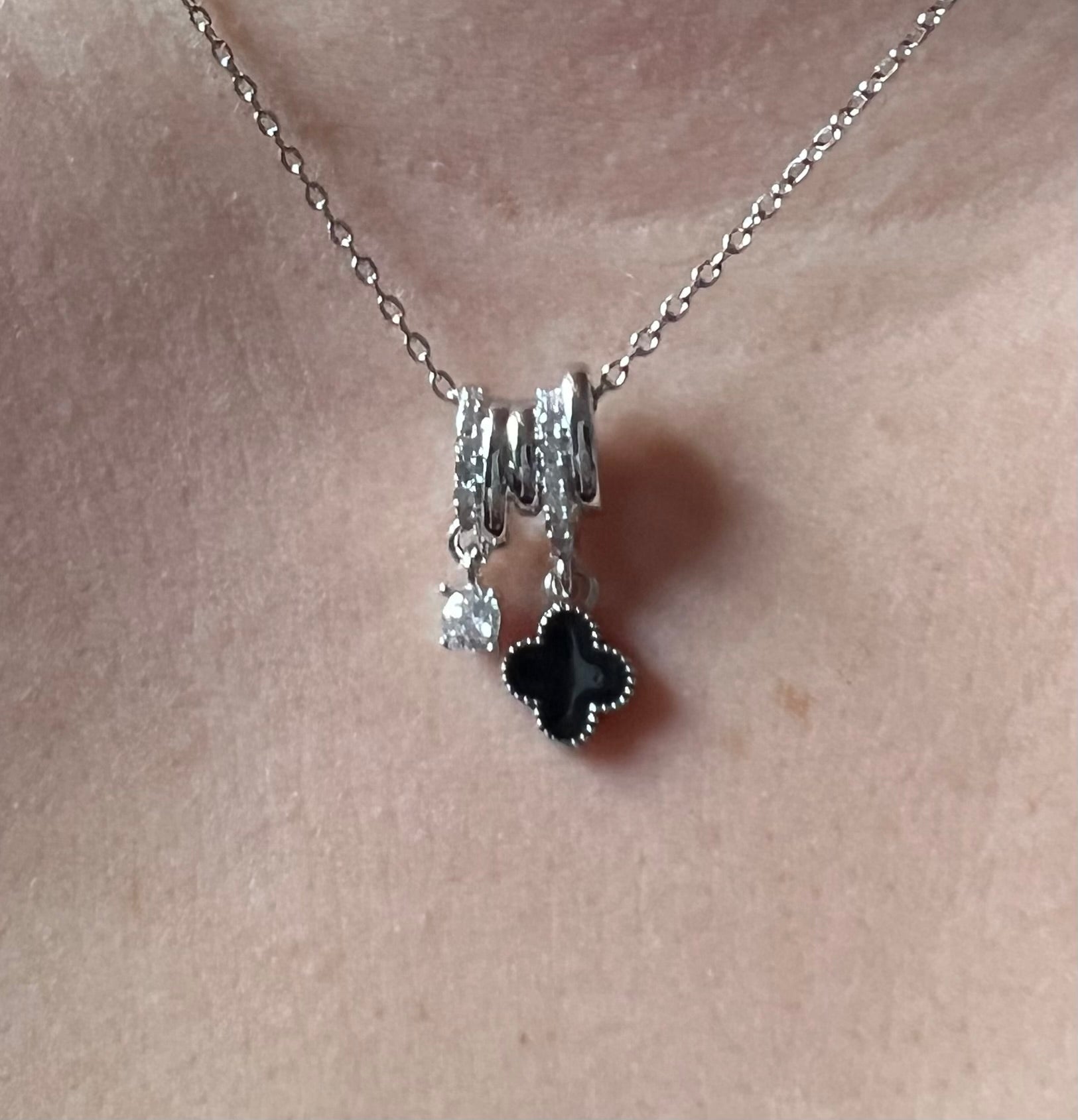 Black Clover Pendant Necklace - Silver - Delila Jewellery NZ