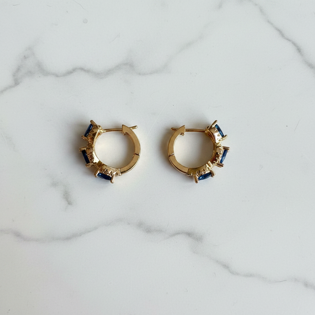 Blue Crystal Hoop Earrings Gold