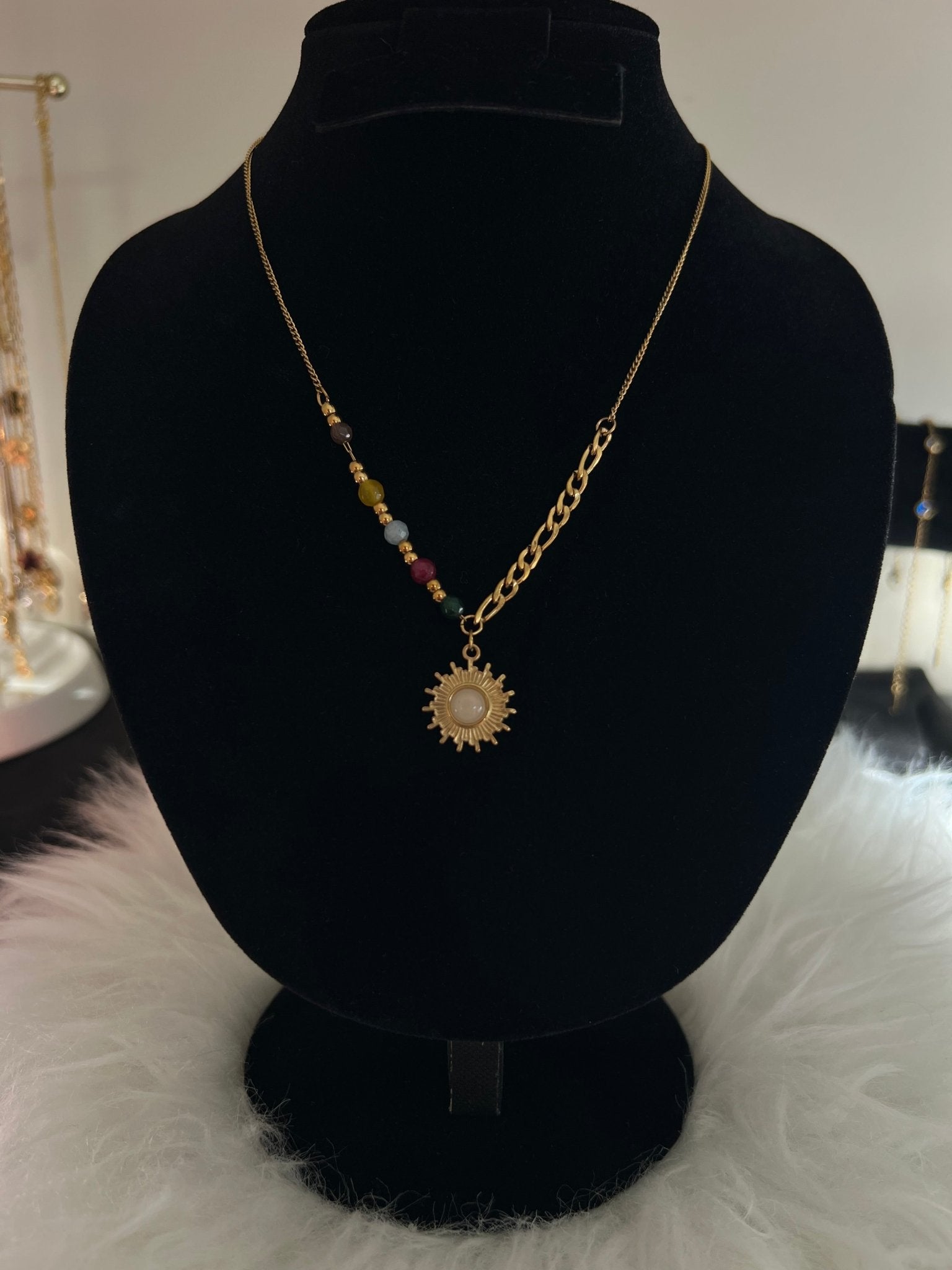 Colourful Beaded Sun Pendant Necklace - Gold Plated - Delila Jewellery NZ