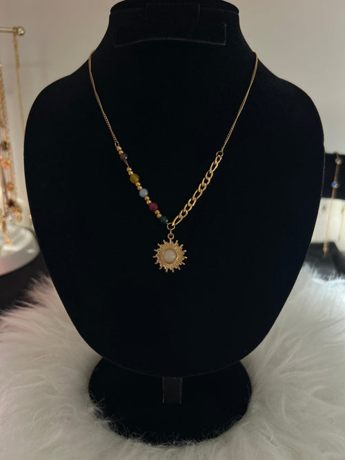 Colourful Beaded Sun Pendant Necklace - Gold Plated - Delila Jewellery NZ