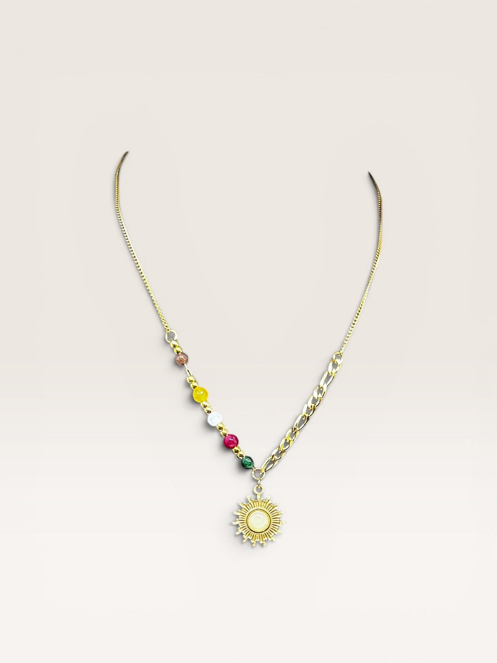 Colourful Beaded Sun Pendant Necklace - Gold Plated - Delila Jewellery NZ