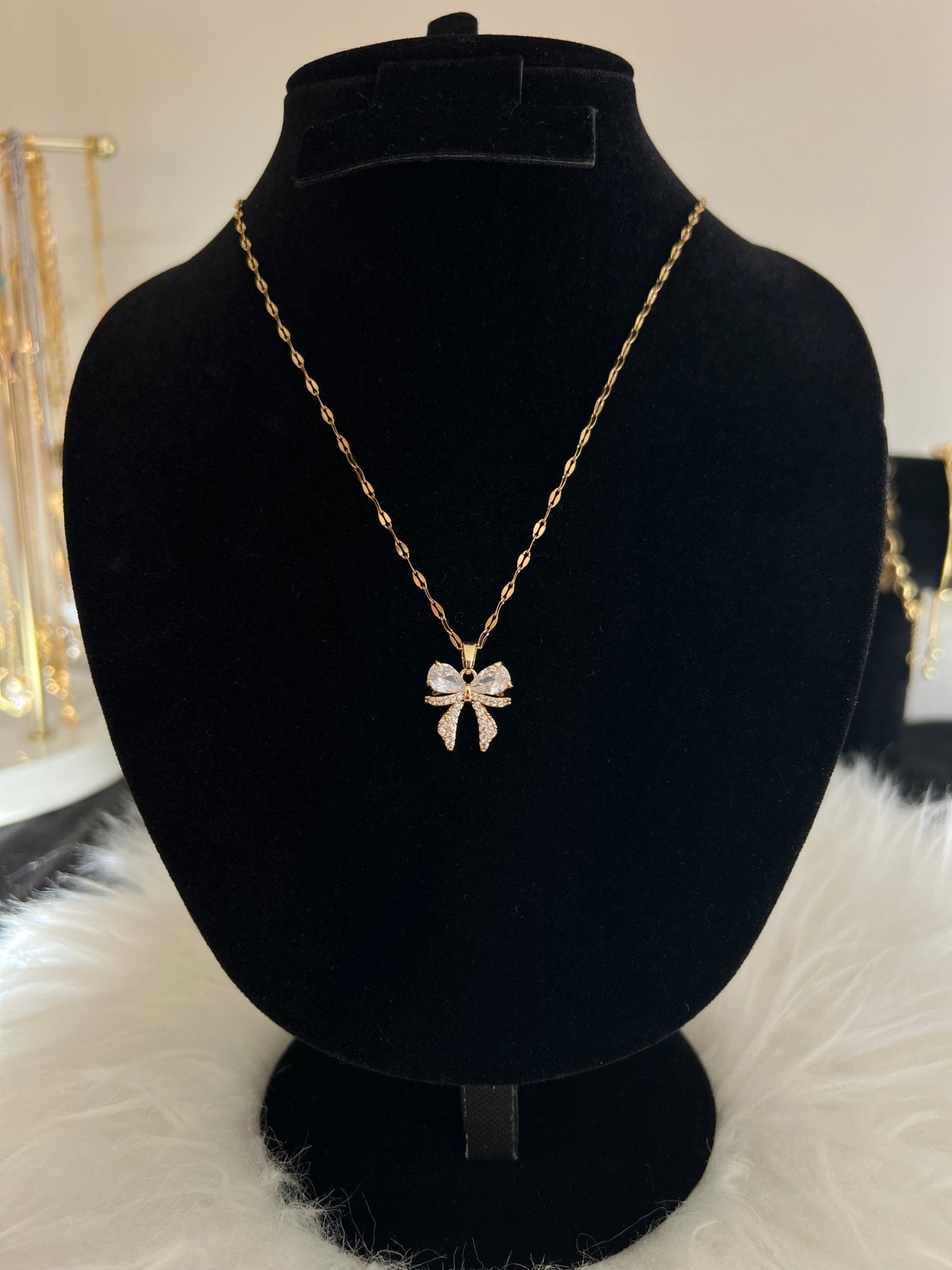 Crystal Bow Pendant Necklace - Gold Plated - Delila Jewellery NZ