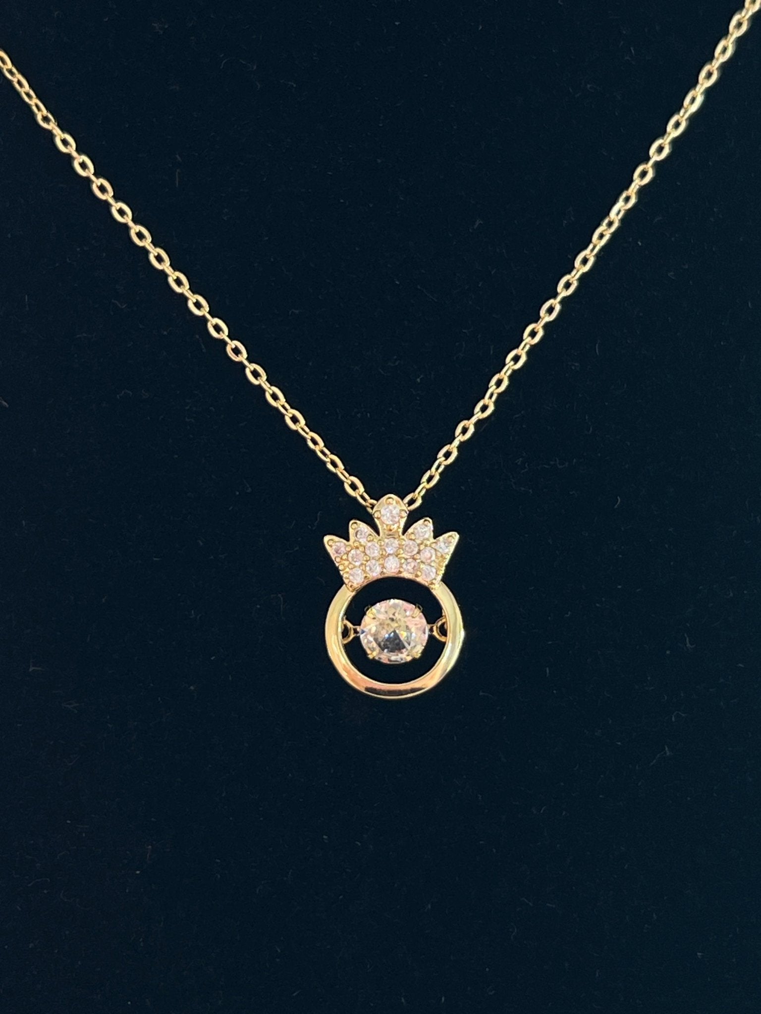 Crystal Crown Circle Pendant Necklace - Gold - Delila Jewellery NZ