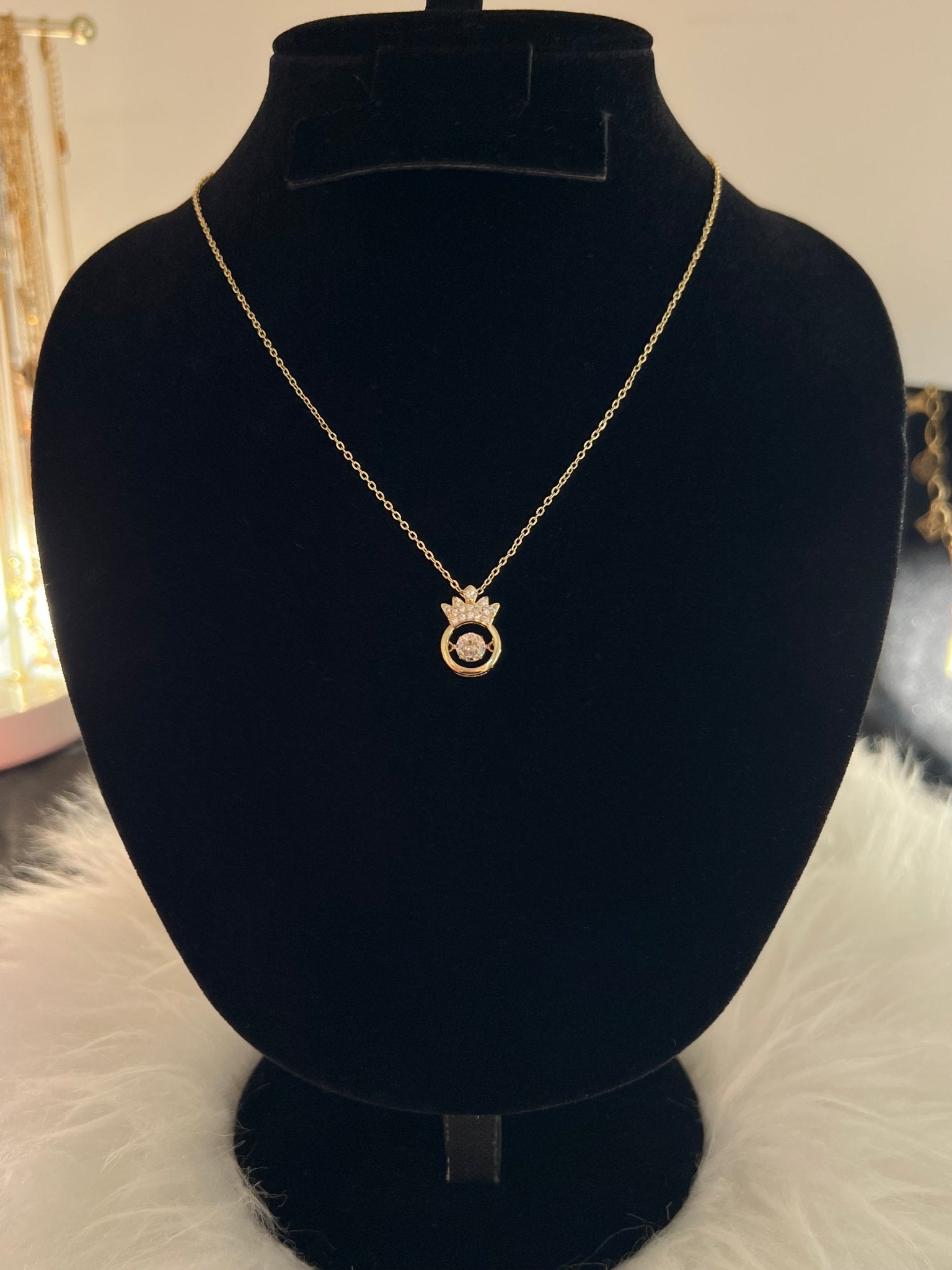 Crystal Crown Circle Pendant Necklace - Gold - Delila Jewellery NZ