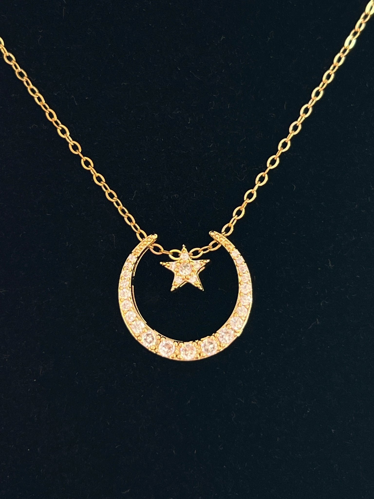 Crystal Moon & Star Pendant Necklace - Gold - Delila Jewellery NZ