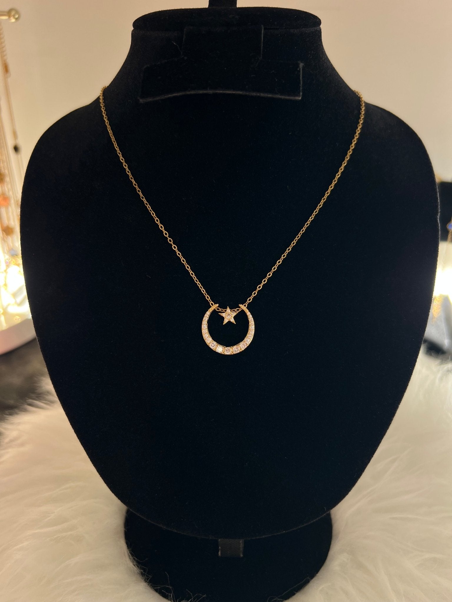 Crystal Moon & Star Pendant Necklace - Gold - Delila Jewellery NZ