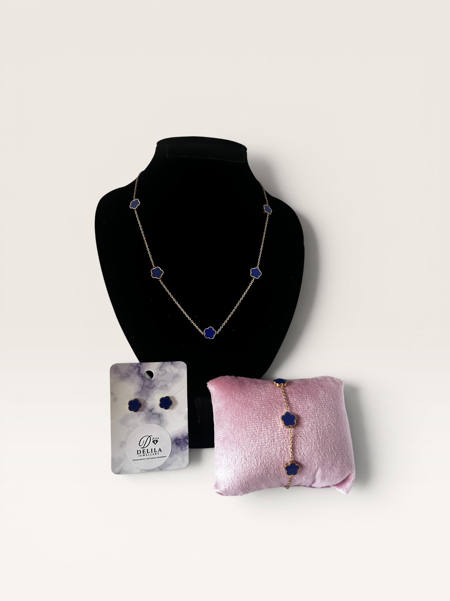 Fine & Dainty Stainless Steel Blue Clover Set - Delila Jewellery NZ