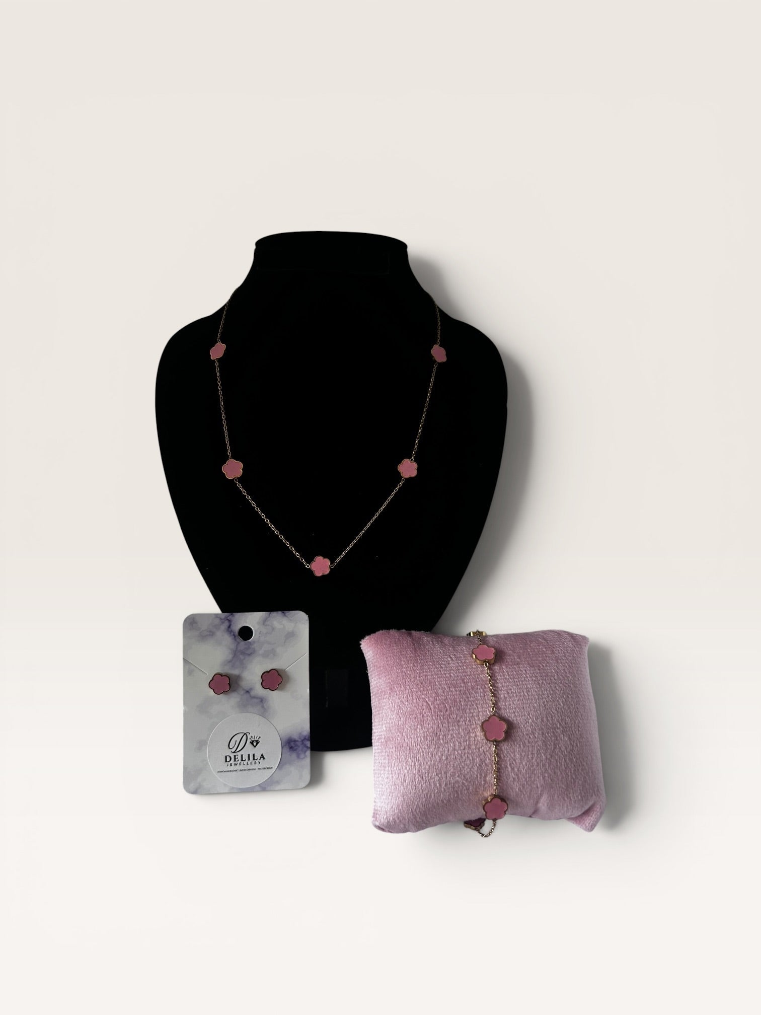 Fine & Dainty Stainless Steel Pink Clover Set - Delila Jewellery NZ