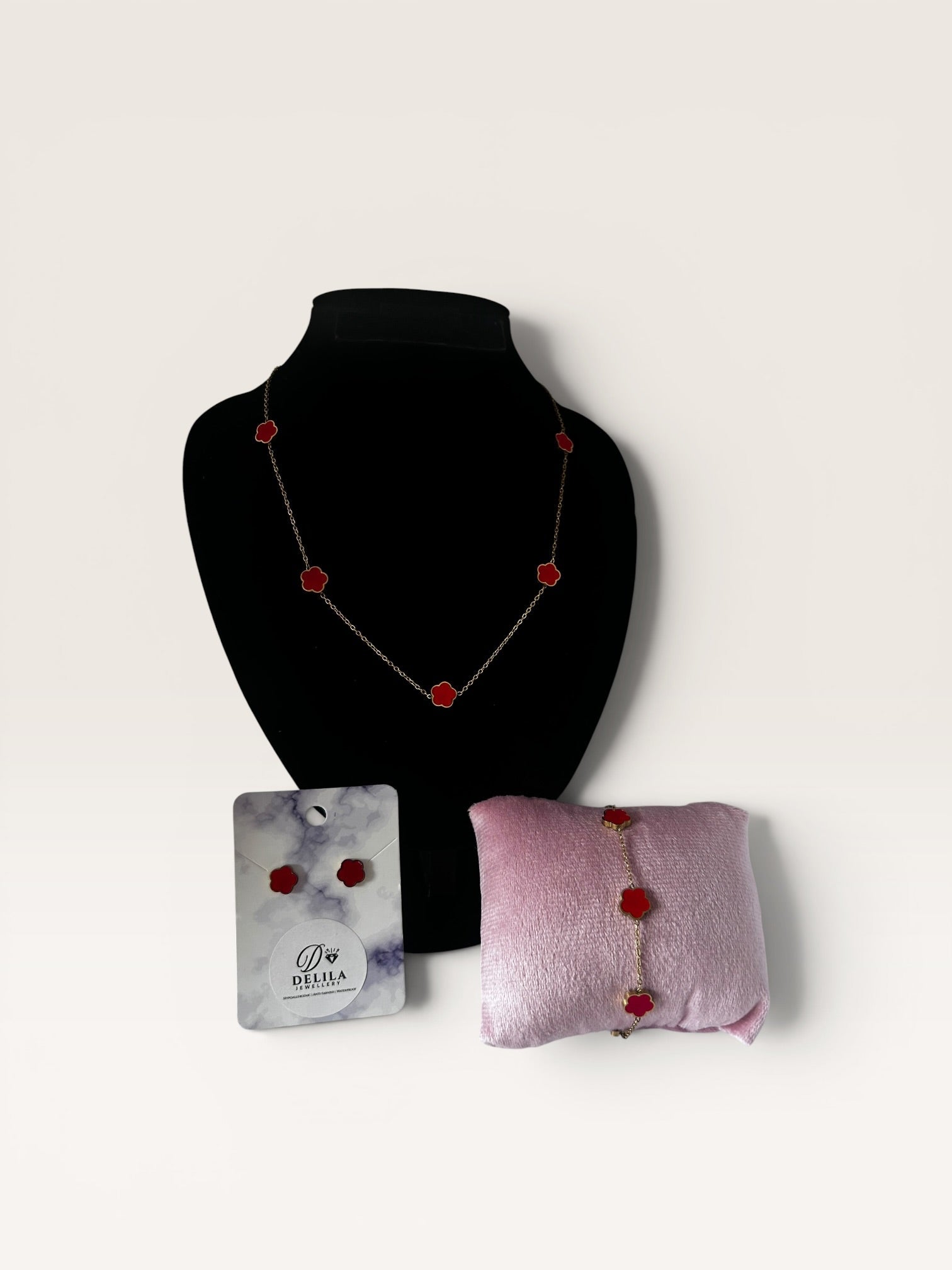 Fine & Dainty Stainless Steel Red Clover Set - Delila Jewellery NZ