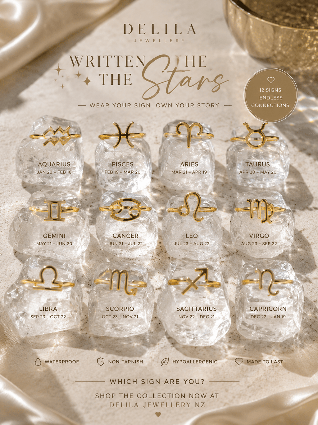 Gold Adjustable Zodiac Ring - Delila Jewellery NZ