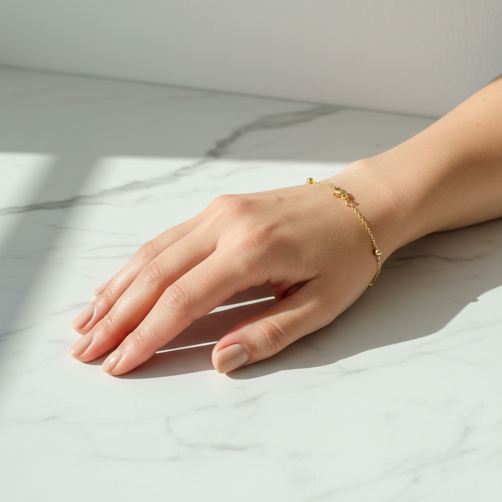 Gold satellite ball chain bracelet worn on woman's wrist, lifestyle shot
