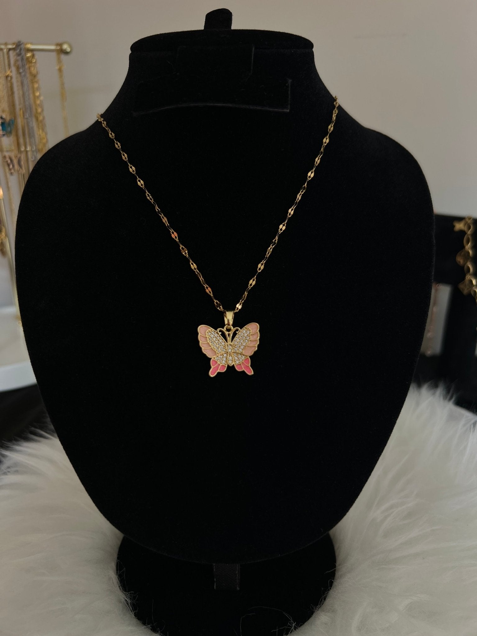 Pink Crystal Butterfly Pendant Necklace - Gold Plated - Delila Jewellery NZ