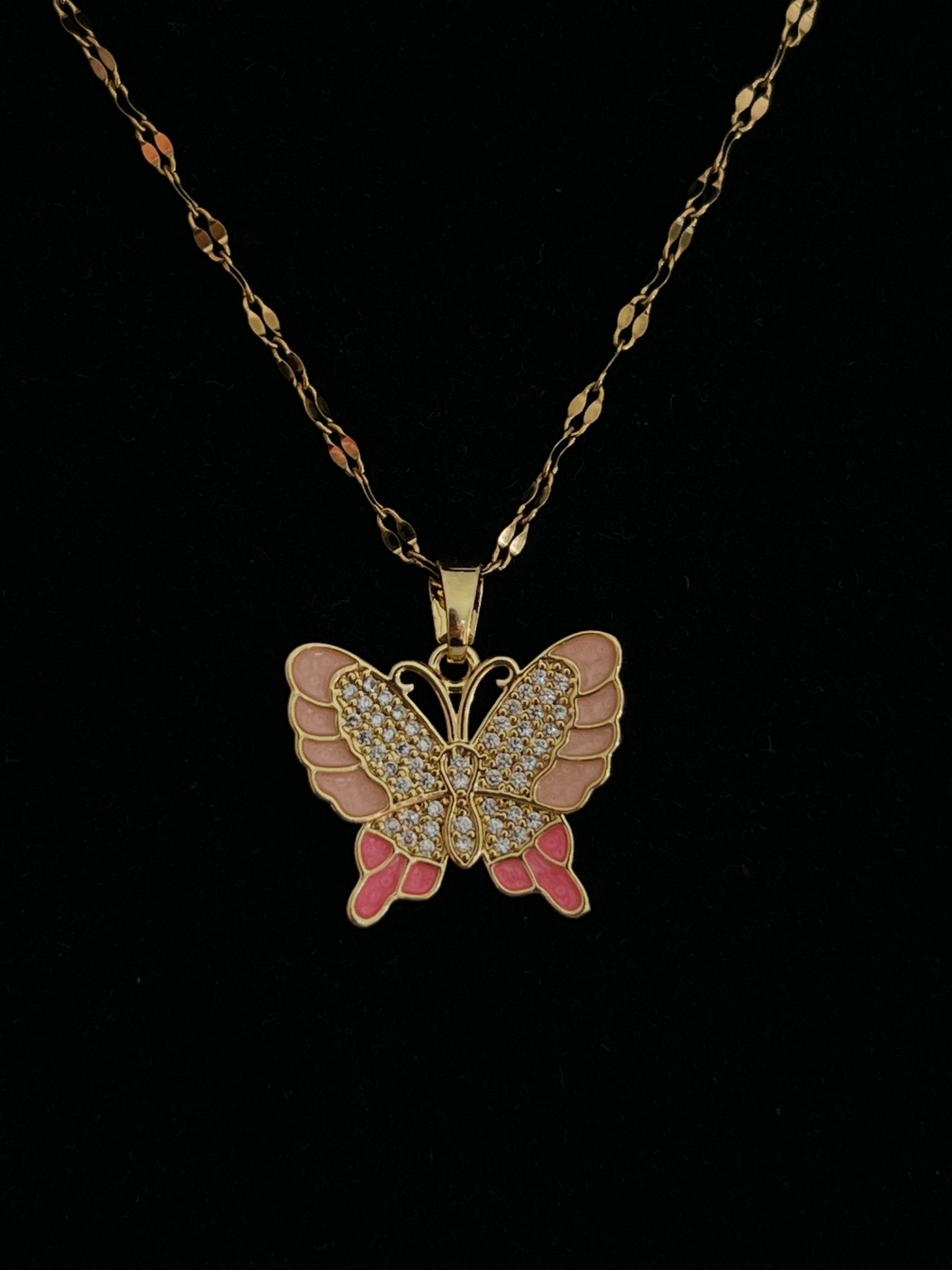 Pink Crystal Butterfly Pendant Necklace - Gold Plated - Delila Jewellery NZ