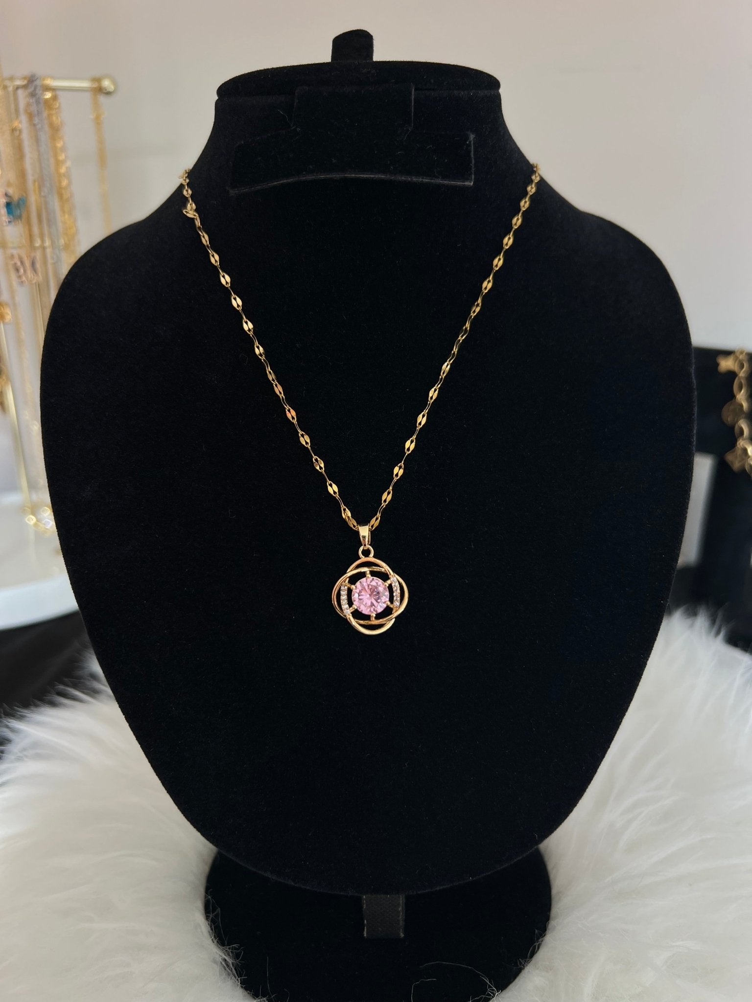 Pink Crystal Gold Pendant Necklace - Delila Jewellery NZ