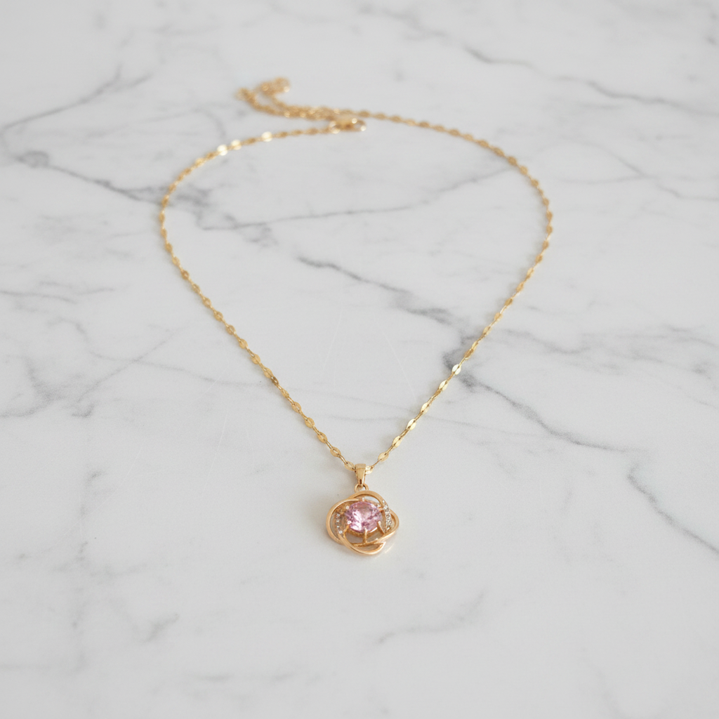 Pink Crystal Gold Pendant Necklace
