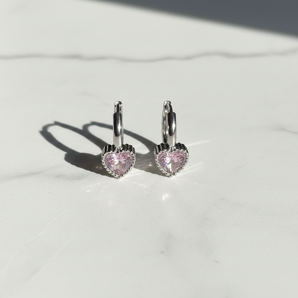 Pink Heart Crystal Hoop Earrings
