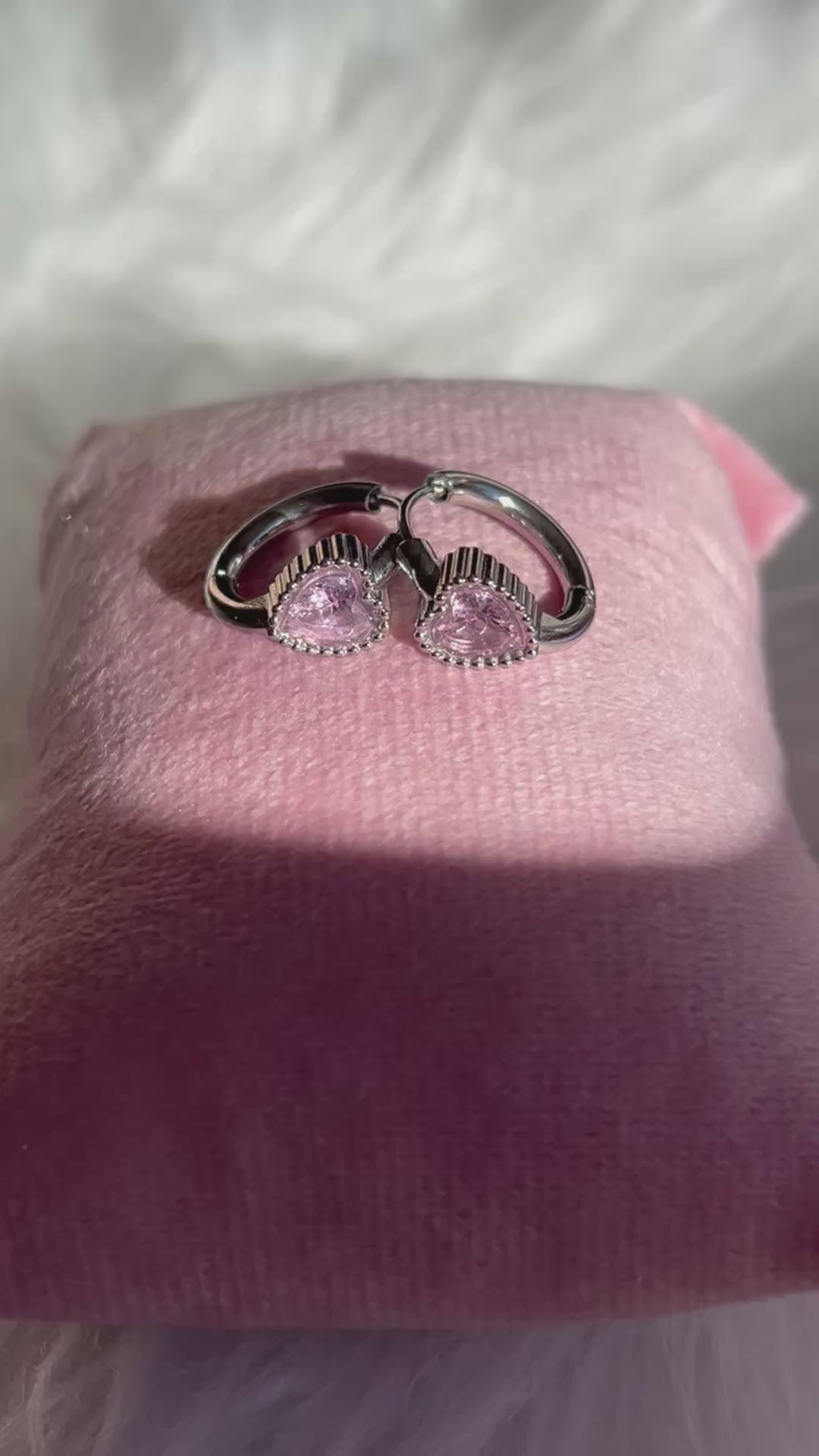 Stainless Steel Pink Heart Crystal Hoop Earrings