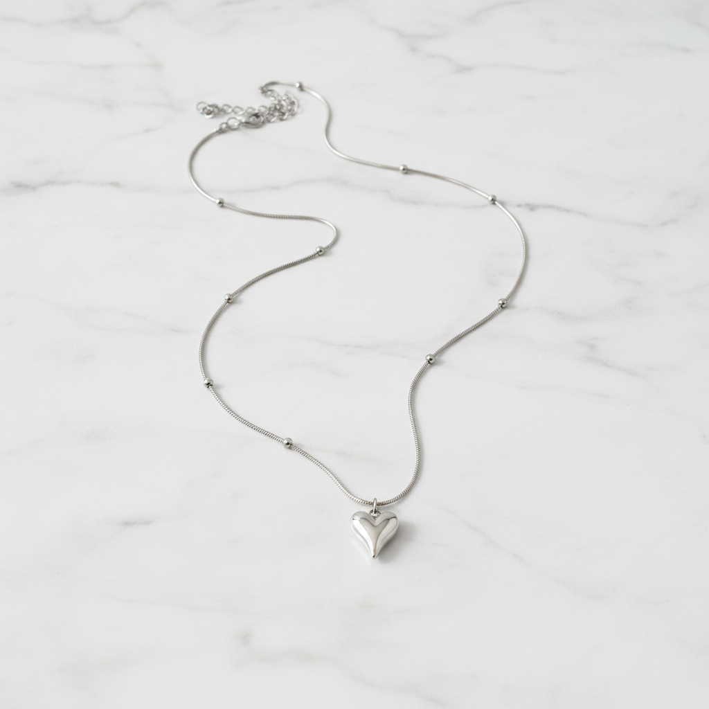 Silver Beaded Heart Necklace