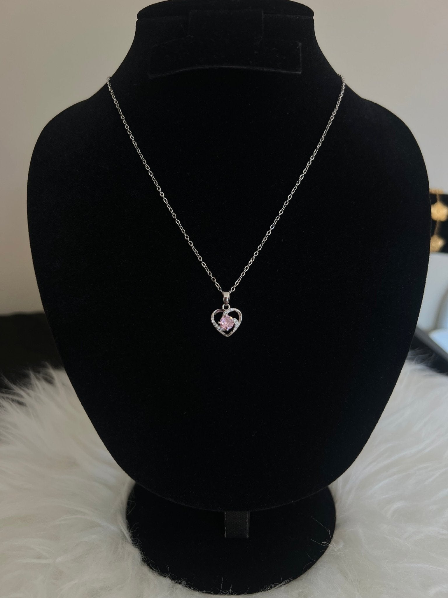 Silver Open Heart Pink Crystal Necklace - Delila Jewellery NZ