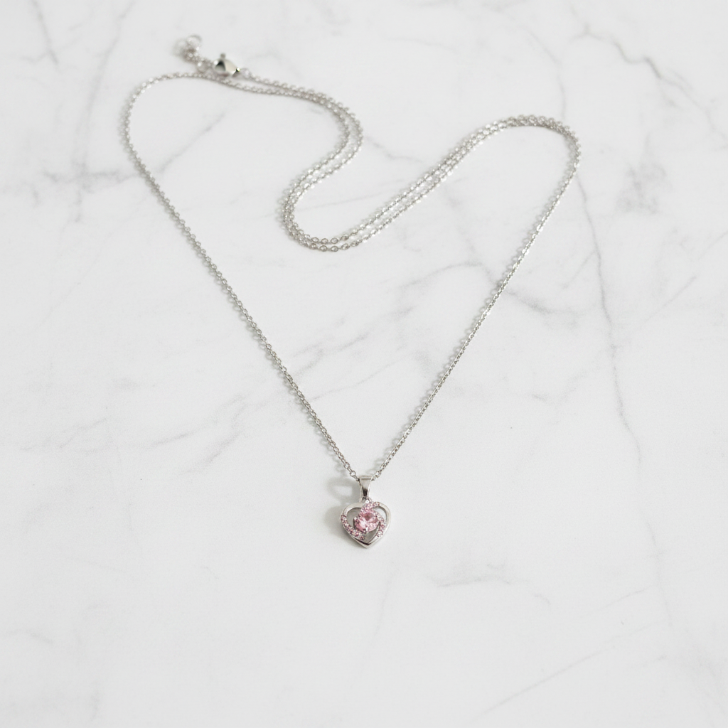 Silver Open Heart Pink Crystal Necklace