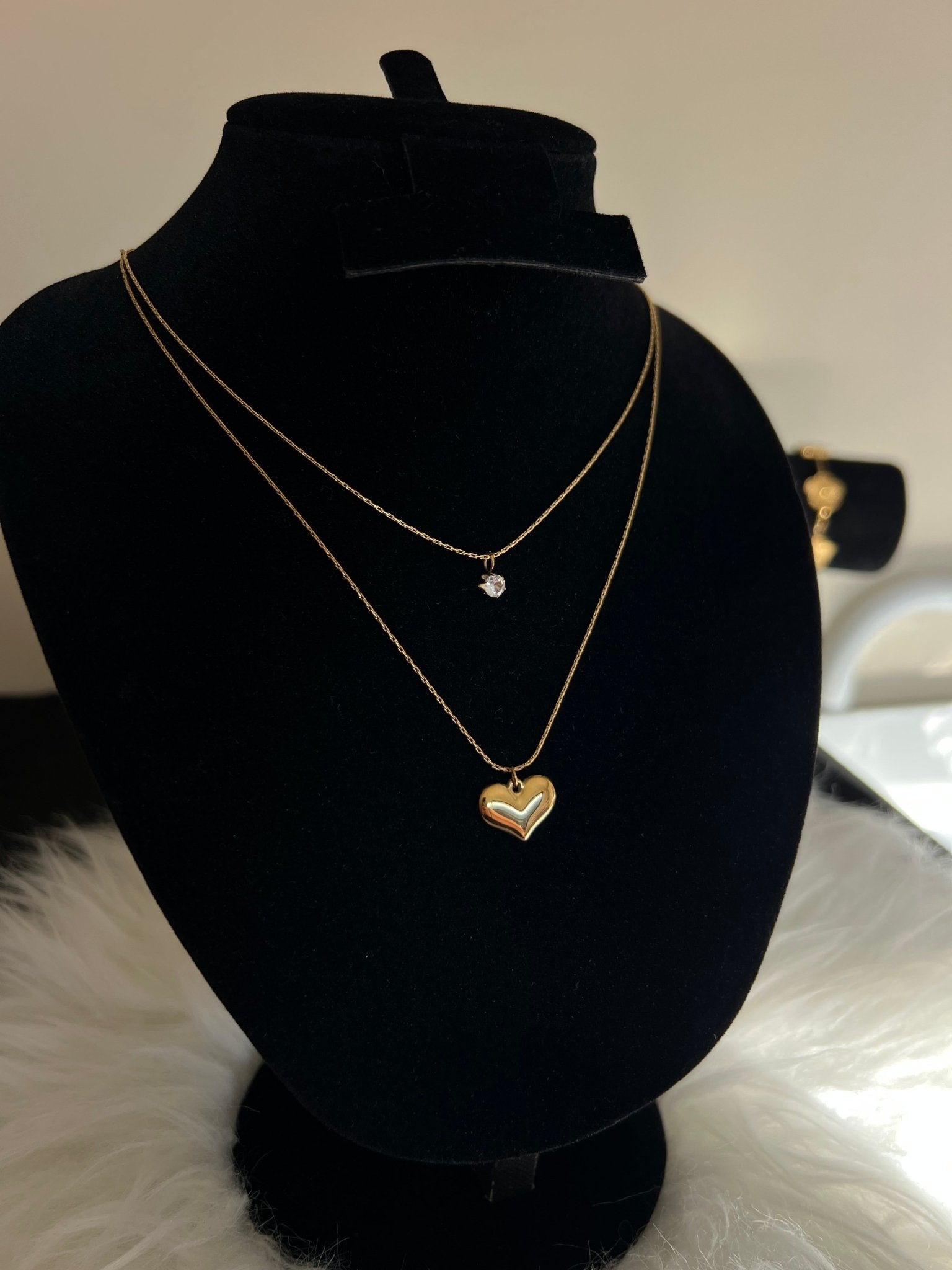 Stainless Steel 18k Gold Plated Single Diamond Double Layered Heart Necklace - Delila Jewellery NZ
