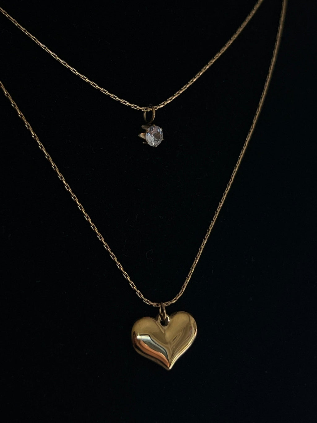 Stainless Steel 18k Gold Plated Single Diamond Double Layered Heart Necklace - Delila Jewellery NZ