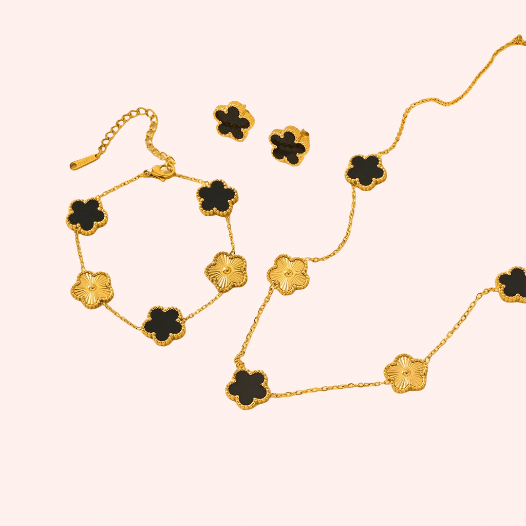 Stainless Steel Black & Gold Five Clover Jewellery Set – 3 Piece - Delila Jewellery NZ