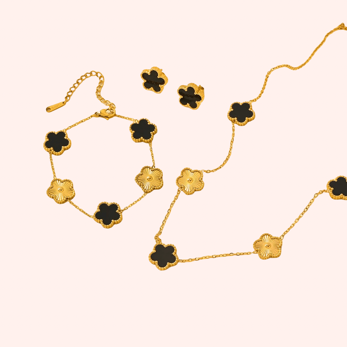 Stainless Steel Black & Gold Five Clover Jewellery Set – 3 Piece - Delila Jewellery NZ