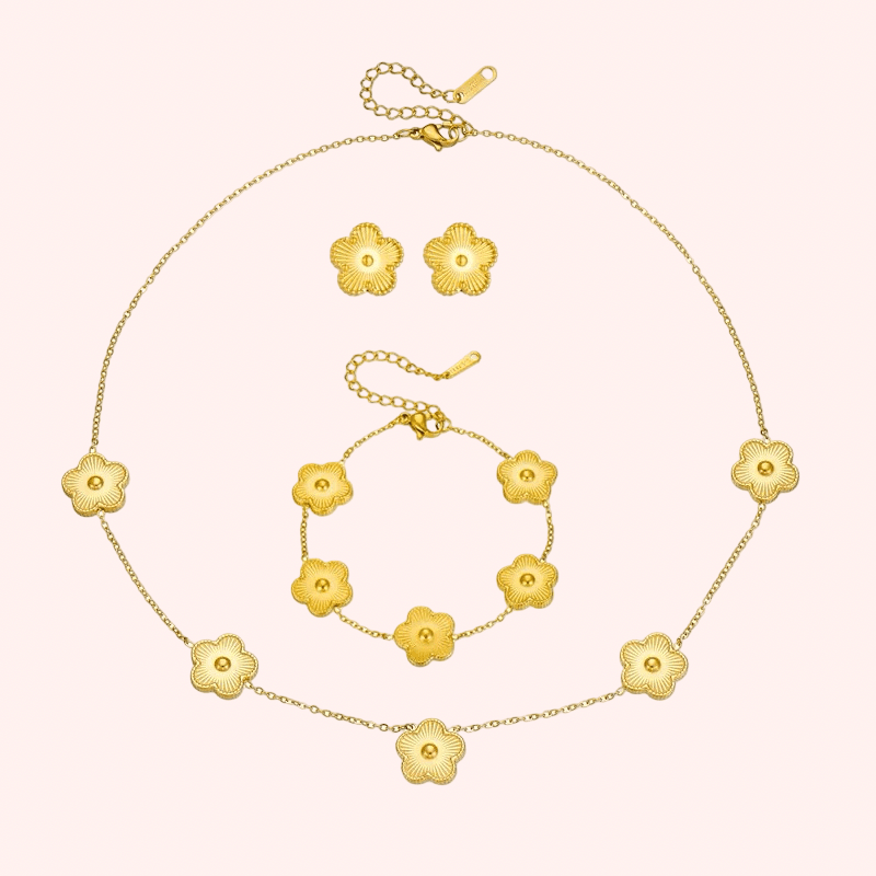 Stainless Steel Gold Five Clover Jewellery Set – 3 Piece - Delila Jewellery NZ
