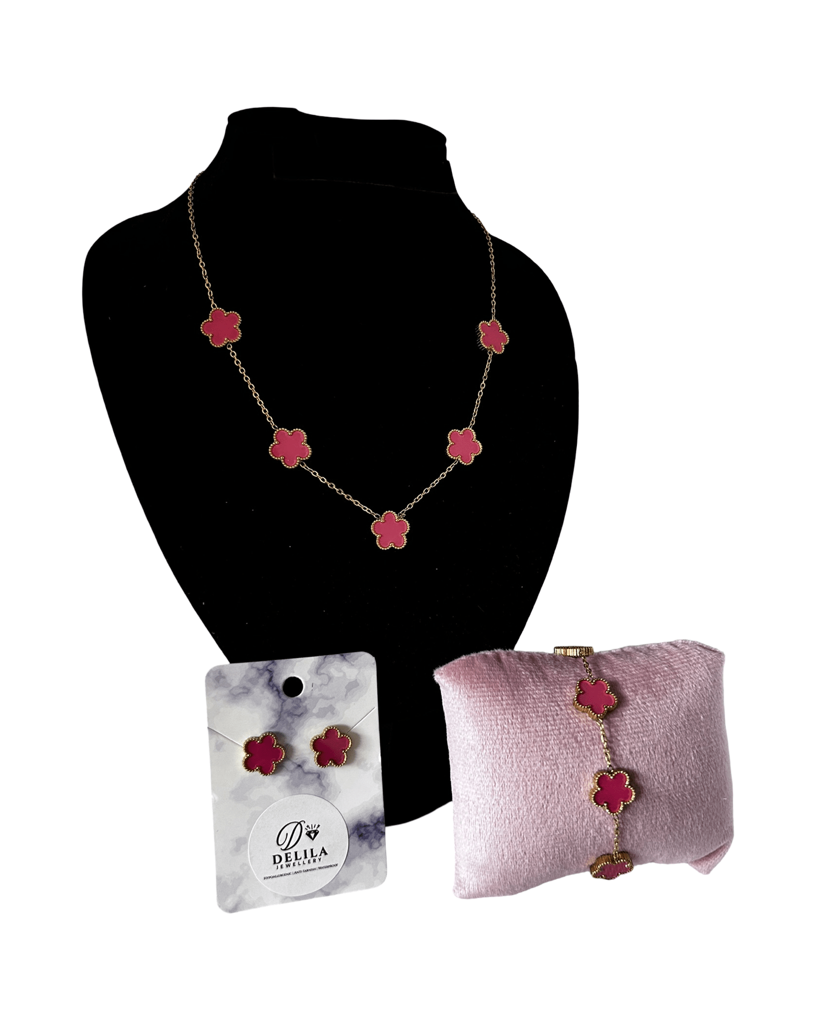 Stainless Steel Hot Pink Five Clover Jewellery Set – 3 Piece - Delila Jewellery NZ