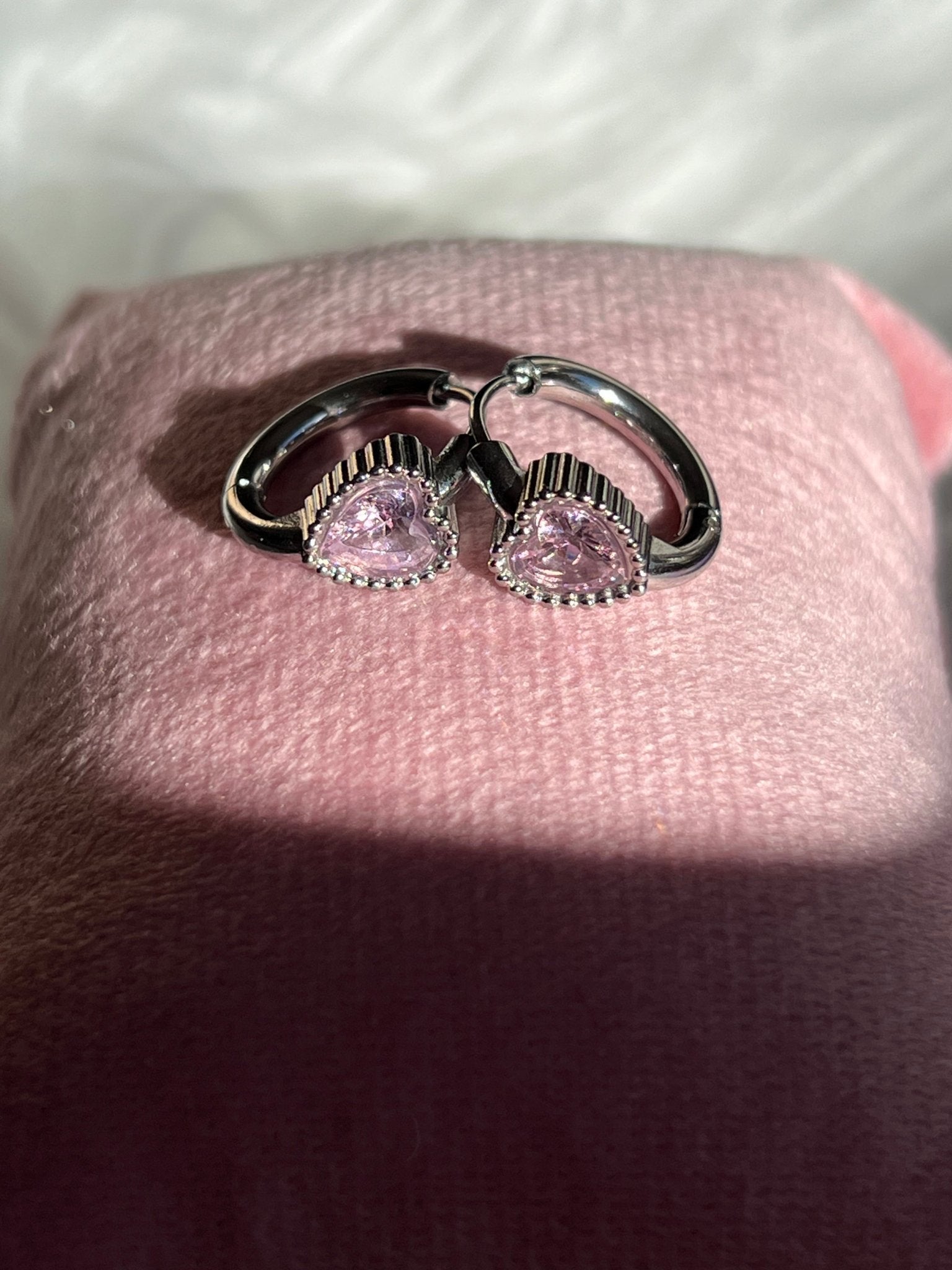 Stainless Steel Pink Heart Crystal Hoop Earrings - Delila Jewellery NZ
