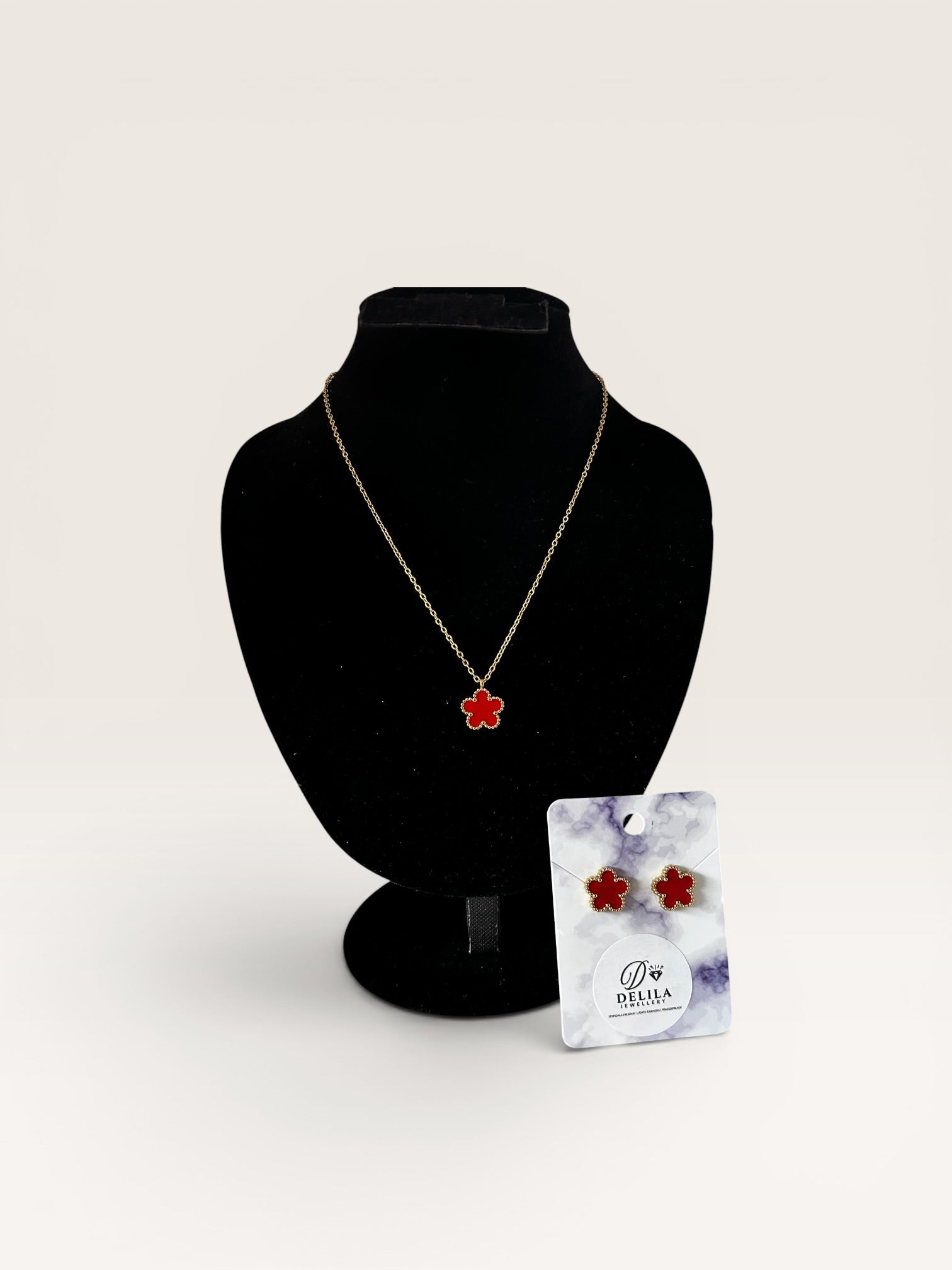 Stainless Steel Red Clover Jewellery Set - Delila Jewellery NZ