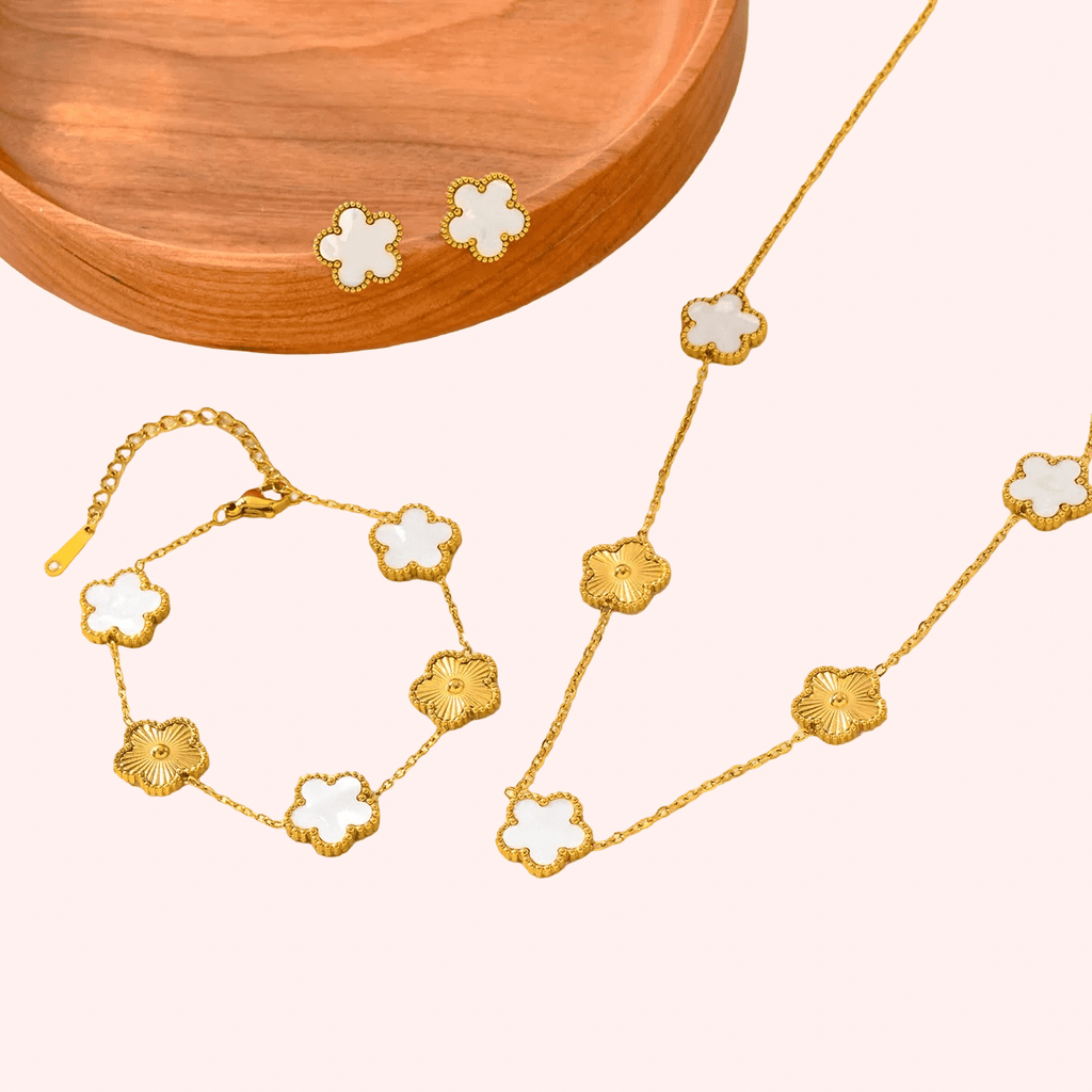 Stainless Steel White & Gold Five Clover Jewellery Set – 3 Piece - Delila Jewellery NZ